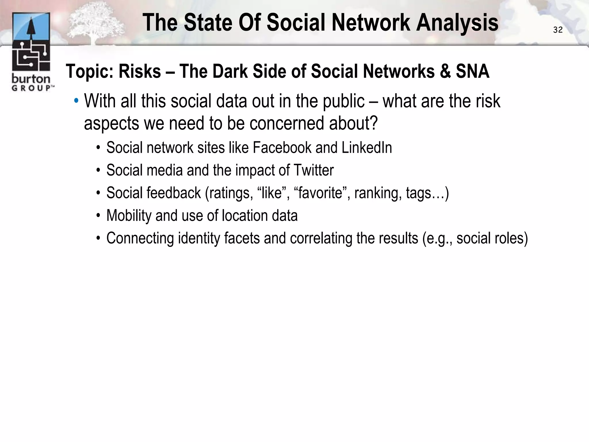 The State Of Social Network Analysis Topic: Risks – The Dark Side of Social Networks & SNA With all this social data out in the public – what are the risk aspects we need to be concerned about? Social network sites like Facebook and LinkedIn Social media and the impact of Twitter Social feedback (ratings, “like”, “favorite”, ranking, tags…) Mobility and use of location data Connecting identity facets and correlating the results (e.g., social roles) 