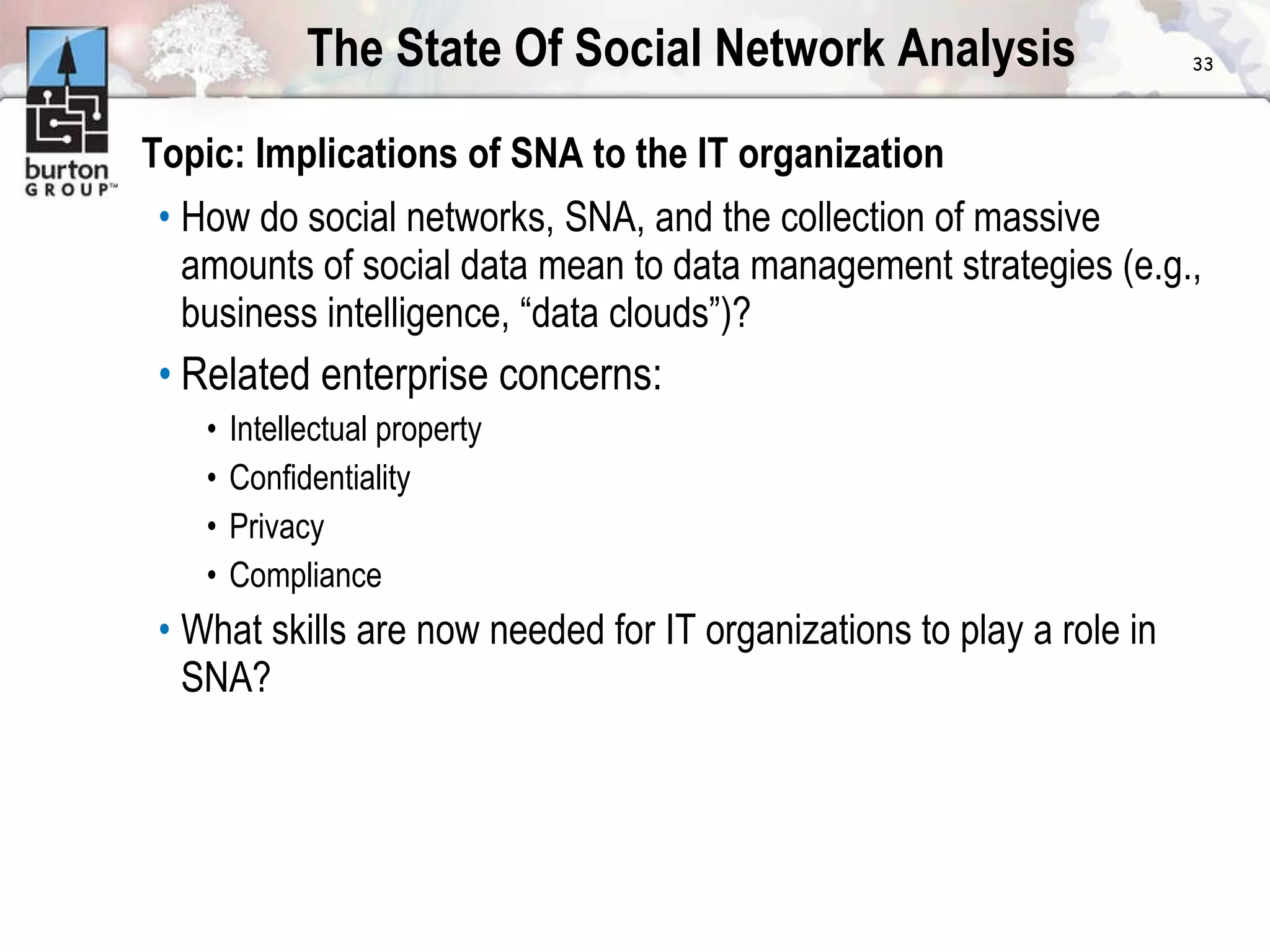The State Of Social Network Analysis Topic: Implications of SNA to the IT organization How do social networks, SNA, and the collection of massive amounts of social data mean to data management strategies (e.g., business intelligence, “data clouds”)? Related enterprise concerns: Intellectual property Confidentiality Privacy Compliance What skills are now needed for IT organizations to play a role in SNA? 