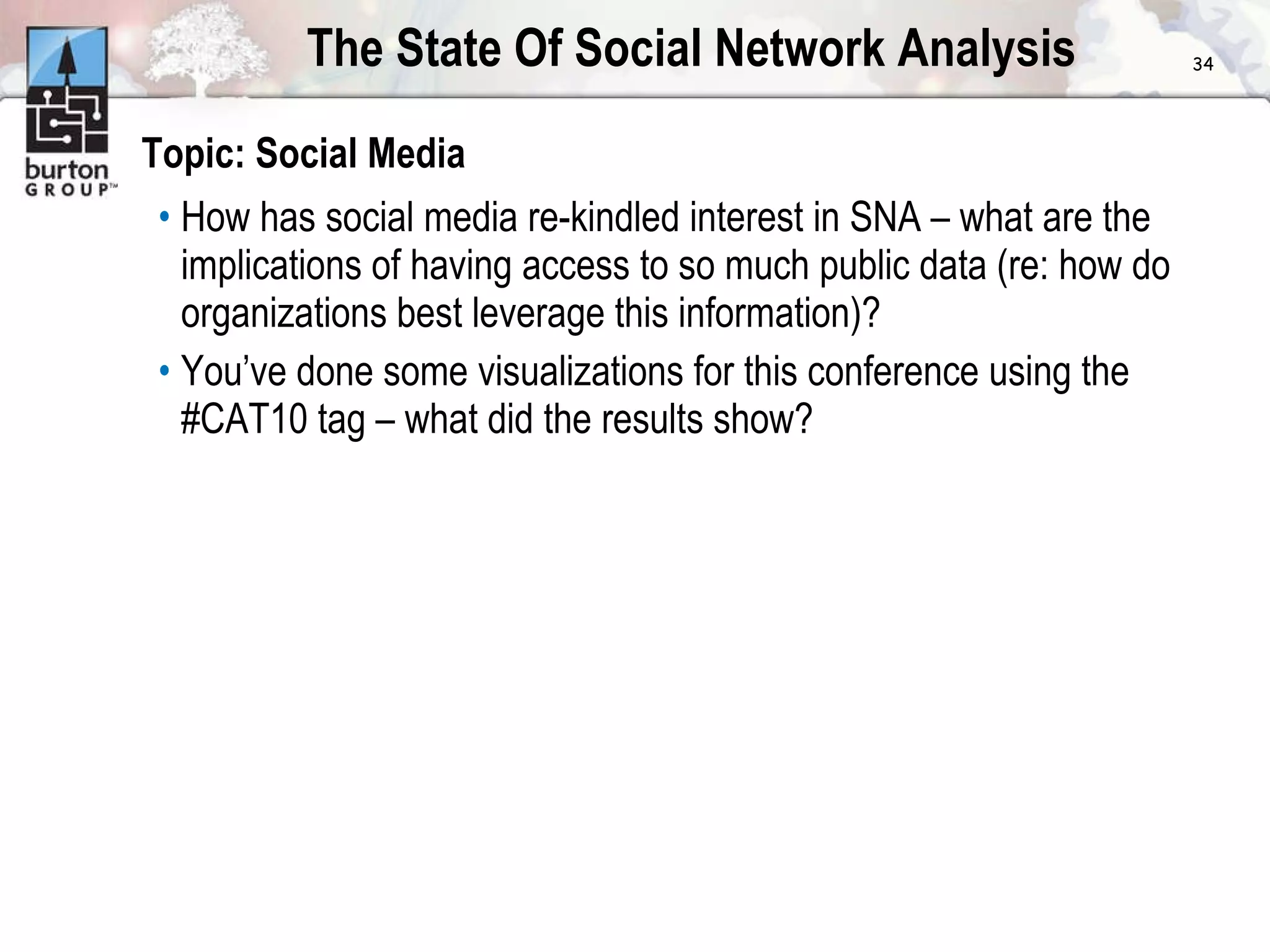 The State Of Social Network Analysis Topic: Social Media How has social media re-kindled interest in SNA – what are the implications of having access to so much public data (re: how do organizations best leverage this information)? You’ve done some visualizations for this conference using the #CAT10 tag – what did the results show? 