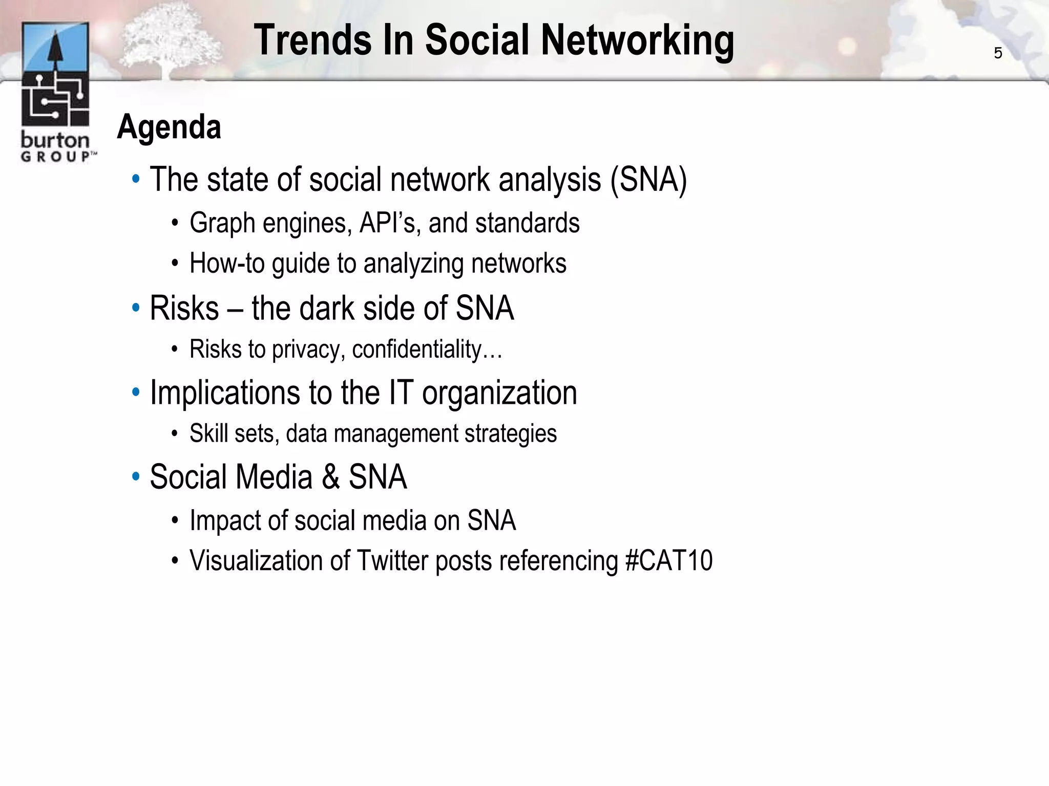 Trends In Social Networking Agenda The state of social network analysis (SNA) Graph engines, API’s, and standards How-to guide to analyzing networks  Risks – the dark side of SNA Risks to privacy, confidentiality… Implications to the IT organization Skill sets, data management strategies Social Media & SNA Impact of social media on SNA Visualization of Twitter posts referencing #CAT10 
