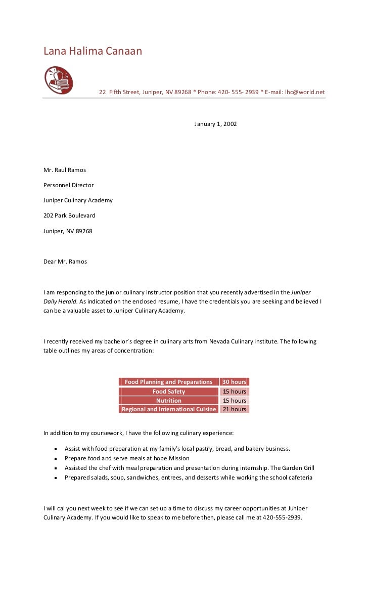 Food preparation cover letter