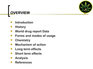 OVERVIEW Introduction History World drug report Data Forms and modes of usage Chemistry Mechanism of action Long term effects Short term effects Analysis References 
