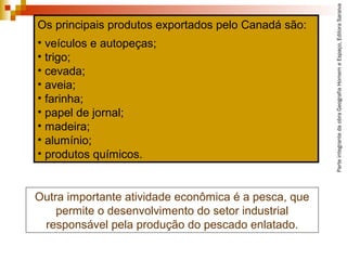ParteintegrantedaobraGeografiaHomemeEspaço,EditoraSaraiva
Os principais produtos exportados pelo Canadá são:
• veículos e autopeças;
• trigo;
• cevada;
• aveia;
• farinha;
• papel de jornal;
• madeira;
• alumínio;
• produtos químicos.
Outra importante atividade econômica é a pesca, que
permite o desenvolvimento do setor industrial
responsável pela produção do pescado enlatado.
 