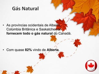 • As províncias ocidentais de Alberta, 
Colúmbia Britânica e Saskatchewan 
fornecem todo o gás natural do Canadá. 
• Com quase 82% vindo de Alberta. 
 