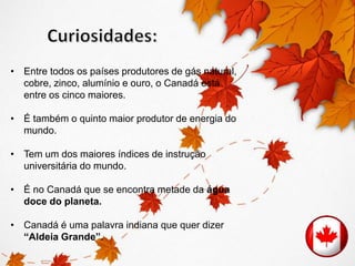 • Entre todos os países produtores de gás natural, 
cobre, zinco, alumínio e ouro, o Canadá está 
entre os cinco maiores. 
• É também o quinto maior produtor de energia do 
mundo. 
• Tem um dos maiores índices de instrução 
universitária do mundo. 
• É no Canadá que se encontra metade da água 
doce do planeta. 
• Canadá é uma palavra indiana que quer dizer 
“Aldeia Grande”. 
 
