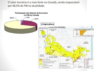 • O setor terciário é o mais forte no Canadá, sendo responsável
por 68,5% do PIB na atualidade.
 