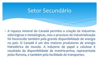O setor terciário é a maior fonte de riqueza do Canadá, representando 67% do PIB do país. Os setores de serviços e comércio empregam mais de 10 milhões de pessoas. Porém, o país enfrenta um grave problema na economia, que é a falta de profissionais qualificados. Isso acontece porque vários trabalhadores migram para os EUA e vários profissionais estrangeiros não têm seus diplomas reconhecidos no país.Setor Terciário
