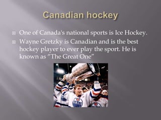 Canadian hockeyOne of Canada's national sports is Ice Hockey. Wayne Gretzky is Canadian and is the best hockey player to ever play the sport. He is known as “The Great One”