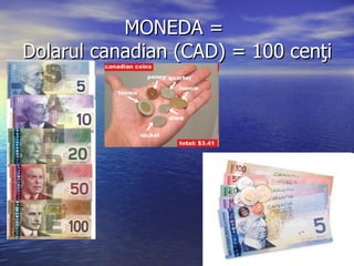 MONEDA =  Dolarul canadian (CAD) = 100 cenţi 