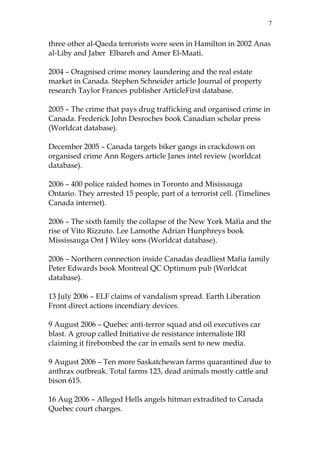 7

three other al-Qaeda terrorists were seen in Hamilton in 2002 Anas
al-Liby and Jaber Elbareh and Amer El-Maati.
2004 – Oragnised crime money laundering and the real estate
market in Canada. Stephen Schneider article Journal of property
research Taylor Frances publisher ArticleFirst database.
2005 – The crime that pays drug trafficking and organised crime in
Canada. Frederick John Desroches book Canadian scholar press
(Worldcat database).
December 2005 – Canada targets biker gangs in crackdown on
organised crime Ann Rogers article Janes intel review (worldcat
database).
2006 – 400 police raided homes in Toronto and Misissauga
Ontario. They arrested 15 people, part of a terrorist cell. (Timelines
Canada internet).
2006 – The sixth family the collapse of the New York Mafia and the
rise of Vito Rizzuto. Lee Lamothe Adrian Hunphreys book
Mississauga Ont J Wiley sons (Worldcat database).
2006 – Northern connection inside Canadas deadliest Mafia family
Peter Edwards book Montreal QC Optimum pub (Worldcat
database).
13 July 2006 – ELF claims of vandalism spread. Earth Liberation
Front direct actions incendiary devices.
9 August 2006 – Quebec anti-terror squad and oil executives car
blast. A group called Initiative de resistance internaliste IRI
claiming it firebombed the car in emails sent to new media.
9 August 2006 – Ten more Saskatchewan farms quarantined due to
anthrax outbreak. Total farms 123, dead animals mostly cattle and
bison 615.
16 Aug 2006 – Alleged Hells angels hitman extradited to Canada
Quebec court charges.

 