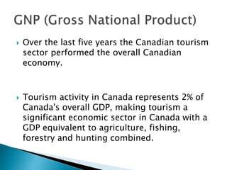  Over the last five years the Canadian tourism 
sector performed the overall Canadian 
economy. 
 Tourism activity in Canada represents 2% of 
Canada's overall GDP, making tourism a 
significant economic sector in Canada with a 
GDP equivalent to agriculture, fishing, 
forestry and hunting combined. 
 