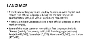 LANGUAGE
• A multitude of languages are used by Canadians, with English and
French (the official languages) being the mother tongues of
approximately 60% and 20% of Canadians respectively.
• Nearly 6.8 million Canadians listed a non-official language as their
mother tongue.
• Some of the most common non-official first languages include
Chinese (mainly Cantonese; 1,072,555 first-language speakers),
Punjabi (430,705), Spanish (410,670), German (409,200), and Italian
(407,490).
 
