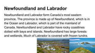 Newfoundland and Labrador
Newfoundland and Labrador form Canada’s most eastern
province. The province is made up of Newfoundland, which is in
the Ocean and Labrador, which is part of the mainland of
Canada. Newfoundland and Labrador have rocky coastlines
dotted with bays and islands. Newfoundland has large forests
and wetlands. Much of Labrador is covered with frozen tundra.
 
