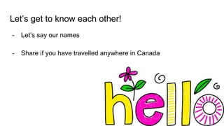 Let’s get to know each other!
- Let’s say our names
- Share if you have travelled anywhere in Canada
 