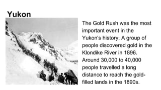 Yukon
The Gold Rush was the most
important event in the
Yukon's history. A group of
people discovered gold in the
Klondike River in 1896.
Around 30,000 to 40,000
people travelled a long
distance to reach the gold-
filled lands in the 1890s.
 