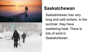 Saskatchewan
Saskatchewan has very
long and cold winters. In the
summer, they have
sweltering heat. There is
lots of wind in
Saskatchewan.
 