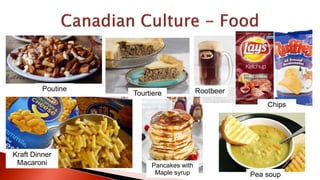 Poutine
Kraft Dinner
Macaroni
RootbeerTourtiere
Pancakes with
Maple syrup Pea soup
Chips
 