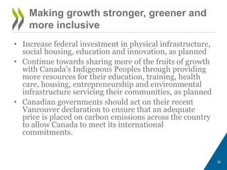 Making growth stronger, greener and
more inclusive
25
• Increase federal investment in physical infrastructure,
social housing, education and innovation, as planned
• Continue towards sharing more of the fruits of growth
with Canada's Indigenous Peoples through providing
more resources for their education, training, health
care, housing, entrepreneurship and environmental
infrastructure servicing their communities, as planned
• Canadian governments should act on their recent
Vancouver declaration to ensure that an adequate
price is placed on carbon emissions across the country
to allow Canada to meet its international
commitments.
 