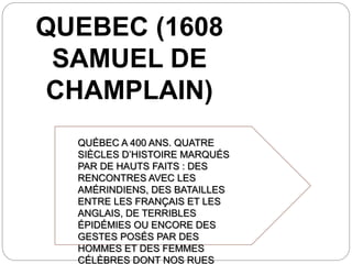 QUEBEC (1608
SAMUEL DE
CHAMPLAIN)
QUÉBEC A 400 ANS. QUATRE
SIÈCLES D’HISTOIRE MARQUÉS
PAR DE HAUTS FAITS : DES
RENCONTRES AVEC LES
AMÉRINDIENS, DES BATAILLES
ENTRE LES FRANÇAIS ET LES
ANGLAIS, DE TERRIBLES
ÉPIDÉMIES OU ENCORE DES
GESTES POSÉS PAR DES
HOMMES ET DES FEMMES
CÉLÈBRES DONT NOS RUES
 