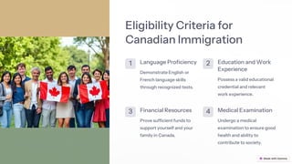 Eligibility Criteria for
Canadian Immigration
1 Language Proficiency
Demonstrate English or
French language skills
through recognized tests.
2 Education and Work
Experience
Possess a valid educational
credential and relevant
work experience.
3 Financial Resources
Prove sufficient funds to
support yourself and your
family in Canada.
4 Medical Examination
Undergo a medical
examination to ensure good
health and ability to
contribute to society.
 