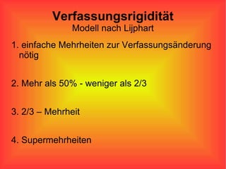 Verfassungsrigidität Modell nach Lijphart 1. einfache Mehrheiten zur Verfassungsänderung nötig 2. Mehr als 50% - weniger als 2/3 3. 2/3 – Mehrheit 4. Supermehrheiten 