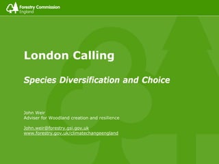 London Calling
Species Diversification and Choice
John Weir
Adviser for Woodland creation and resilience
John.weir@forestry.gsi.gov.uk
www.forestry.gov.uk/climatechangeengland
 