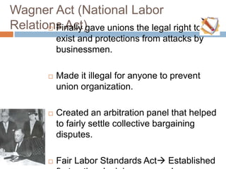 Wagner Act (National Labor
Relations Act) Finally gave unions the legal right to
exist and protections from attacks by
businessmen.
 Made it illegal for anyone to prevent
union organization.
 Created an arbitration panel that helped
to fairly settle collective bargaining
disputes.
 Fair Labor Standards Act Established
 