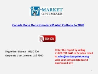 Canada Bone Densitometers Market Outlook to 2020 
Single User License : US$ 2500 
Corporate User License : US$ 7500 
Order this report by calling 
+1 888 391 5441 or Send an email 
to sales@marketoptimizer.org 
with your contact details and 
questions if any. 
1 
 