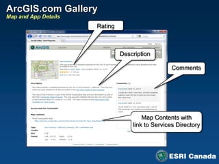 ArcGIS.com Gallery
Map and App Details
                      Rating



                               Description

                                                 Comments




                                       Map Contents with
                                   link to Services Directory
 