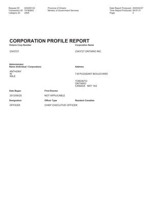 Request ID: 024265143 Province of Ontario Date Report Produced: 2020/02/27
Transaction ID: 74780803 Ministry of Government Services Time Report Produced: 09:07:31
Category ID: UN/E Page: 4
CORPORATION PROFILE REPORT
Ontario Corp Number Corporation Name
2343727 2343727 ONTARIO INC.
Administrator:
Name (Individual / Corporation) Address
ANTHONY
W. 7-B PLEASANT BOULEVARD
WILE
TORONTO
ONTARIO
CANADA M4T 1K2
Date Began First Director
2012/09/25 NOT APPLICABLE
Designation Officer Type Resident Canadian
OFFICER CHIEF EXECUTIVE OFFICER
 