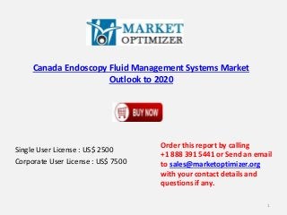 Canada Endoscopy Fluid Management Systems Market
Outlook to 2020
Single User License : US$ 2500
Corporate User License : US$ 7500
Order this report by calling
+1 888 391 5441 or Send an email
to sales@marketoptimizer.org
with your contact details and
questions if any.
1
 