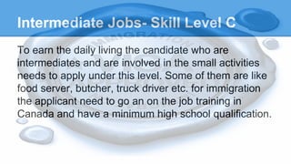 Intermediate Jobs- Skill Level C
To earn the daily living the candidate who are
intermediates and are involved in the small activities
needs to apply under this level. Some of them are like
food server, butcher, truck driver etc. for immigration
the applicant need to go an on the job training in
Canada and have a minimum high school qualification.
 