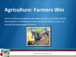 Agriculture: Farmers Win Farm to School programs can open up the expansive school food market, estimated at more than $12 billion a year, to socially disadvantaged farmers.  