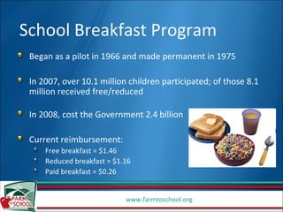 School Breakfast Program Began as a pilot in 1966 and made permanent in 1975 In 2007, over 10.1 million children participated; of those 8.1 million received free/reduced In 2008, cost the Government 2.4 billion Current reimbursement: Free breakfast = $1.46 Reduced breakfast = $1.16 Paid breakfast = $0.26 