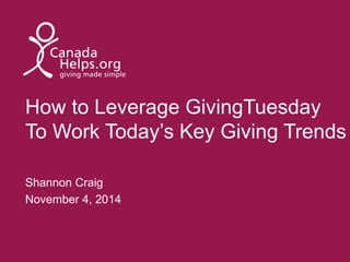 How to Leverage GivingTuesday 
To Work Today’s Key Giving Trends 
Shannon Craig 
November 4, 2014 
 
