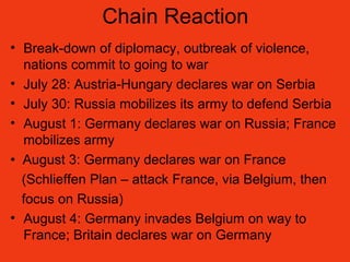 Chain Reaction
• Break-down of diplomacy, outbreak of violence,
nations commit to going to war
• July 28: Austria-Hungary declares war on Serbia
• July 30: Russia mobilizes its army to defend Serbia
• August 1: Germany declares war on Russia; France
mobilizes army
• August 3: Germany declares war on France
(Schlieffen Plan – attack France, via Belgium, then
focus on Russia)
• August 4: Germany invades Belgium on way to
France; Britain declares war on Germany
 