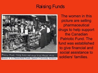 Raising Funds
The women in this
picture are selling
pharmaceutical
drugs to help support
the Canadian
Patriotic Fund. The
fund was established
to give financial and
social assistance to
soldiers' families.
 