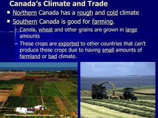 Canada’s Climate and Trade Northern  Canada has a  rough  and  cold  climate Southern  Canada is good for  farming . Canola,  wheat  and other grains are grown in  large  amounts  These crops are  exported  to other countries that can’t produce these crops due to having  small  amounts of  farmland  or  bad  climate.  