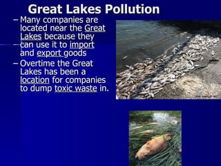 Great Lakes Pollution Many companies are located near the  Great Lakes  because they can use it to  import  and  export  goods Overtime the Great Lakes has been a  location  for companies to dump  toxic waste  in. 