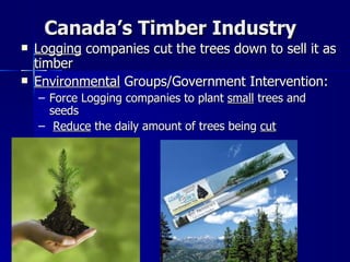 Canada’s Timber Industry Logging  companies cut the trees down to sell it as timber Environmental  Groups/Government Intervention: Force Logging companies to plant  small  trees and seeds Reduce  the daily amount of trees being  cut 