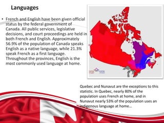 Languages
• French and English have been given official
status by the federal government of
Canada. All public services, legislative
decisions, and court proceedings are held in
both French and English. Approximately
56.9% of the population of Canada speaks
English as a native language, while 21.3%
speak French as a first language.
Throughout the provinces, English is the
most commonly used language at home.
16
Quebec and Nunavut are the exceptions to this
statistic. In Quebec, nearly 80% of the
population uses French at home, and in
Nunavut nearly 53% of the population uses an
indigenous language at home…
 