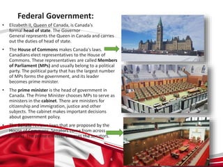 Federal Government:
6
• Elizabeth II, Queen of Canada, is Canada's
formal head of state. The Governor
General represents the Queen in Canada and carries
out the duties of head of state.
• The House of Commons makes Canada's laws.
Canadians elect representatives to the House of
Commons. These representatives are called Members
of Parliament (MPs) and usually belong to a political
party. The political party that has the largest number
of MPs forms the government, and its leader
becomes prime minister.
• The prime minister is the head of government in
Canada. The Prime Minister chooses MPs to serve as
ministers in the cabinet. There are ministers for
citizenship and immigration, justice and other
subjects. The cabinet makes important decisions
about government policy.
• The Senate reviews laws that are proposed by the
House of Commons. Senators come from across
Canada. The prime minister chooses the senators.
 