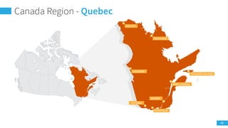 21
Canada Region – Nunavut
IQUALIT
CORAL HARBOUR
IGLOOLIK
ARVIAT
BAKER LAKE
TALOYOAK
KUGLUKTUK
Provinces and territories
The provinces and territories are all subdivided
into regions for a variety of official and unofficial
purposes. In some provinces, the regions have
been officially defined by their respective
governments. In others, the "regions" have no
official status.
 
