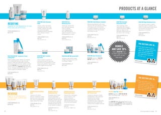 REDEFINE 
Regimen for the Appearance of Lines, 
Pores and Loss of Firmness 
ITEM #AARG001-01 
$222.00 
REDEFINE Daily Cleansing 
Mask 
Creamy, kaolin clay-based 
cleansing mask dries in two 
minutes, drawing impurities 
from pores and gently 
exfoliating, without disrupting 
skin’s delicate moisture 
barrier. 
ITEM #AAWA125-01 
$47.00 
125 mL/4.2 fl. oz. 
REDEFINE Pore 
Minimizing Toner 
Nondrying, alcohol-free 
toner with poly-hydroxy 
acids to exfoliate 
pore-clogging dead 
skin cells and natural 
oligosaccharides to reduce 
the appearance of pores. 
ITEM #AATN125-01 
$54.00 
125 mL/4.2 fl. oz. 
REDEFINE AMP MD™ System for Firmer- 
Looking Skin* 
Patent-pending system utilizes non-invasive, 
micro-exfoliating skincare roller clinically 
proven to safely and effectively improve the 
appearance of skin firmness. System contains 
reusable AMP MD Micro-Exfoliating Roller, two 
month supply of the REDEFINE Night Renewing 
Serum, reusable Cleansing Vial and two 
month supply of Purification Tablets. 
ITEM #AAAPS01-01 
$230.00 
REDEFINE AMP MD System Refill 
Contains a two month supply 
of Night Renewing Serum and 
Purification Tablets. 
ITEM #AAAPR01-01 
$123.00 
32 
REDEFINE Triple Defense Treatment 
Moisturizing treatment with broad 
spectrum SPF 30 protection contains 
a clinically proven concentration 
of powerful peptides to reduce the 
appearance of lines and wrinkles 
and visibly firm skin. 
ITEM #AATT030-01 
$92.00 
30 mL/1.0 fl. oz. 
PRODUCTS AT A GLANCE 
REDEFINE Overnight 
Restorative Cream 
Ultra-hydrating cream 
replenishes skin’s natural 
moisturizing factors (NMFs) 
while you sleep for skin 
that looks visibly firmer and 
less-lined in the morning. 
ITEM #AAPM030-01 
$84.00 
30 mL/1.0 fl. oz. 
REDEFINE Night Renewing Serum 
Each capsule contains a potent, 
proprietary blend of peptides and 
retinol to visibly improve skin texture 
and firmness and reduce the 
appearance of wrinkles. 
ITEM #AASR060-01 
$104.00 
60 Capsules 
33 
REDEFINE Amp It Up Special 
REDEFINE Regimen + REDEFINE 
AMP MD System = Save 20% 
ITEM #AAPRS01-01 
$361.00 
BUNDLE 
AND SAVE 20% 
Add a REDEFINE Tool 
to select regimens and 
save 20% on the 
total value. 
All pricing subject to change 
REDEFINE Multi-Function 
Eye Cream 
Utilizes powerful peptides to 
minimize the look of crow’s-feet 
and reduce the appearance of dark 
circles and puffiness. Optical filters 
visibly brighten the eye area. 
ITEM #AAEY015-01 
$69.00 
15 mL/.5 fl. oz. 
REVERSE 
Regimen for the Appearance 
of Brown Spots, Dullness and 
Discoloration 
ITEM #RVRGG01-01 
$206.00 
REVERSE Deep Exfoliating 
Wash 
Cleanses and refines 
blotchy complexions. Alpha 
hydroxy acids loosen dead 
skin cells and polyethylene 
beads sweep them away. 
ITEM #RVWA125-01 
$47.00 
125 mL/4.2 fl. oz. 
REVERSE Intensive 
Brightening Toner 
Proprietary blend of kojic 
acid and antioxidants 
visibly brightens skin and 
gradually minimizes the look 
of discolored skin. Salicylic 
acid and licorice effectively 
exfoliate and refine skin for 
a more radiant complexion. 
ITEM #RVTG125-01 
$54.00 
125 mL/4.2 fl. oz. 
REVERSE Dual Active 
Brightening Complex 
Features the combination 
of pure vitamin C and 
retinol to enhance 
brightening of the skin 
while diminishing the look 
of fine lines and wrinkles. 
ITEM #RVTTG50-01 
$107.00 
2 x 25 mL / 0.85 fl. oz. 
REVERSE Broad Spectrum 
SPF 55 Sunscreen 
Contains an exclusive complex 
of avobenzone, other sunscreen 
ingredients and colorless 
carotenoids which visibly 
decelerate the signs of aging that 
appear over time. Licorice and 
mulberry help to brighten dull skin. 
ITEM #RVSS050-01 
$47.00 
50 mL/1.7 fl. oz. 
REVERSE Amp It Up Special 
REVERSE Regimen + REDEFINE AMP MD 
Micro-Exfoliating Roller = Save 20% 
ITEM #RVAPS01-01 
$267.00 
The REDEFINE Night Renewing Serum is not 
included with the REVERSE Amp It Up Special 
because the REVERSE Dual Active Brightening 
Complex contains retinol. 
 