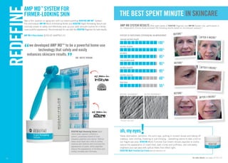 oh, my eyes! 
Sleep deprivation, pollution, the sun’s rays, putting in contact lenses and taking off 
makeup, even smiling, frowning or just blinking – everything seems to take a toll on 
our fragile eye area. REDEFINE Multi-Function Eye Cream utilizes peptides to visibly 
reduce the appearance of crow’s-feet, dark circles and puffiness, and noticeably 
brightens your eye area with optical filters that reflect light. 
REDEFINE Multi-Function Eye Cream $69.00 AAEY015-01 REDEFINE 
12 
Take a firm position on aging skin with our patent-pending REDEFINE AMP MD™ System. 
The noninvasive AMP MD Micro-Exfoliating Roller and REDEFINE Night Renewing Serum are 
clinically proven to safely and effectively amp up your daily skincare routine for a firmer, 
more youthful appearance. Recommended for use with the REDEFINE Regimen for best results. 
AMP MD 4-Piece System $230.00 AAAPS01-01 
“we developed AMP MD™ to be a powerful home-use 
technology that safely and easily 
enhances skincare results.                            ” DR. Katie Rodan 
as seen in 
as seen in 
amp md™ system for 
firmer-looking skin 
THE BEST SPENT MINUTE IN SKINCARE 
BEFORE* 
for order details, see pages 32-35 // 13 
REDEFINE Night Renewing Serum Each 
mono-dose capsule contains a 
potent, proprietary blend of time-released 
peptides and retinol. Retinol 
helps shed dead skin cells to visibly 
improve skin texture and minimize the 
appearance of pores, while peptides 
reduce the appearance of wrinkles and 
visibly increase skin firmness. 
AMP MD system Results After eight weeks of REDEFINE Regimen and AMP MD System use, participants in 
an independent clinical study achieved the following results based on microscopic analysis:* 
BEFORE* 
AFTER 4 WEEKS* 
*Unretouched photos. Results may vary. 
AFTER 4 WEEKS* 
BEFORE* 
AFTER 4 WEEKS* 
Percent of participants experiencing an improvement 
*Results may vary. 
100% 
95% 
95% 
95% 
average wrinkle height 
100% 
wrinkle shadow 
wrinkles 
max wrinkle peak 
wrinkle breadth 
wrinkle spacing 
60% 
55% 
fine lines 
BEFORE TREATMENT* AFTER TREATMENT* 
 