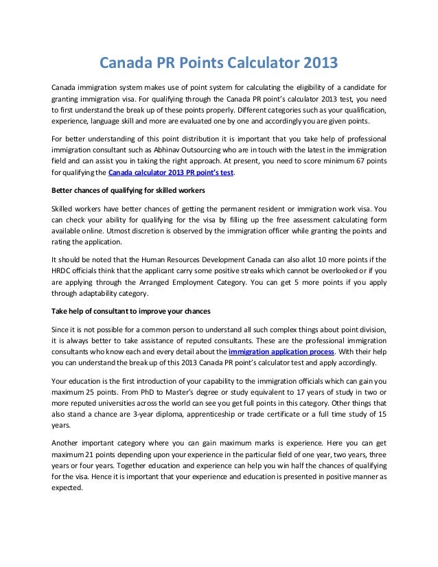 Canada PR Points Calculator 2013