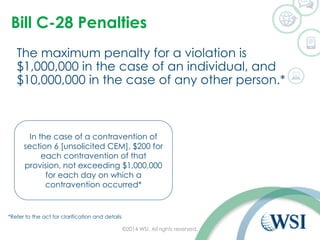 Bill C-28 Penalties
The maximum penalty for a violation is
$1,000,000 in the case of an individual, and
$10,000,000 in the case of any other person.*
©2014 WSI. All rights reserved.
In the case of a contravention of
section 6 [unsolicited CEM], $200 for
each contravention of that
provision, not exceeding $1,000,000
for each day on which a
contravention occurred*
*Refer to the act for clarification and details
 