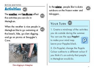 SECTION 4-ACTIVITIES 
Activities 
21 
The weather and landforms affect 
the activities you can do in 
Meteghan. 
YOUR TURN 
1. Create a mind-map of the activities 
you do outside during the summer. 
You can use the app Popplet 
to make your mind map. 
Leave your Popples black. 
2. On Popplet, change the Popple 
Colour outline to a different colour if 
you think it’s an activity that people 
in Meteghan would do. 
When the weather is nice people in 
Meteghan like to go swimming at 
the beach, hike, go clam digging, 
and go on picnics at Smuggler’s 
Cove. 
In the winter, people like to skate 
outdoors on the frozen water and 
toboggan. 
Clam digging in Meteghan 
 