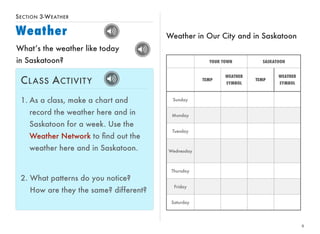 8 
SECTION 3-WEATHER 
Weather 
What’s the weather like today 
in Saskatoon? 
CLASS ACTIVITY 
1. As a class, make a chart and 
record the weather here and in 
Saskatoon for a week. Use the 
Weather Network to find out the 
weather here and in Saskatoon. 
2. What patterns do you notice? 
How are they the same? different? 
Weather in Our City and in Saskatoon 
YOUR TOWN SASKATOON 
TEMP 
WEATHER 
SYMBOL 
TEMP 
WEATHER 
SYMBOL 
Sunday 
Monday 
Tuesday 
Wednesday 
Thursday 
Friday 
Saturday 
 
