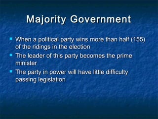 The Opposition 
 All other parties become 
opposition parties, but the 
party with the second most 
seats becomes the Official 
Opposition 
 Some members of the Official 
Opposition also form a Shadow 
Cabinet headed by the Leader 
of the Official Opposition 
 This group is responsible for 
criticizing and challenging the 
Cabinet 
After Jack Layton lost his 
battle with Cancer, Thomas 
Mulcair won the NDP 
leadership bid. 
 